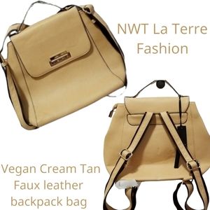 La Terre Fashion Vegan faux leather backpack / Handbag tan cream bag NWT